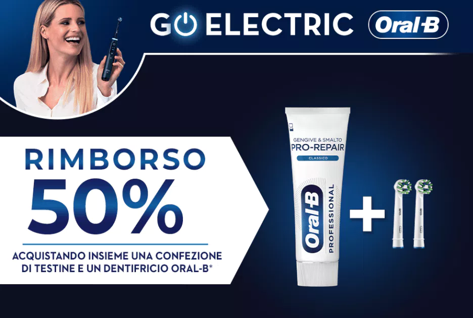 Cashback OralB: 50% di sconto su dentifricio e testine