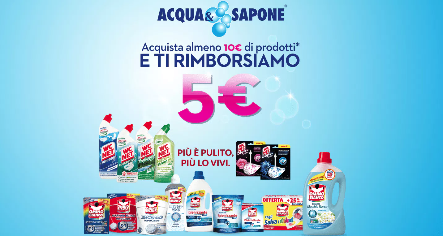 Cashback Omino Bianco e WC Net “Il pulito ti rimborsa”: Spendi 10€ ricevi 5€