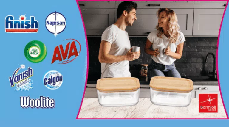 “Scegli il pulito”: ricevi i contenitori Bormioli con Finish, Napisan, Calgon, Vanish…