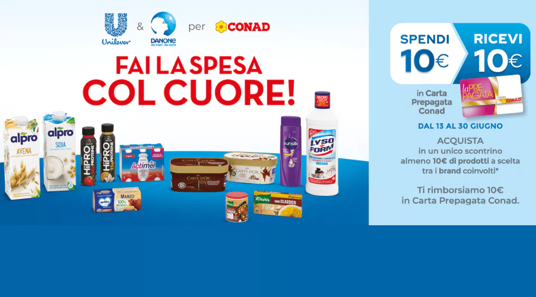 Con Conad “Fai la spesa col cuore”: spendi 10€ e ricevi gift card Conad da 10€