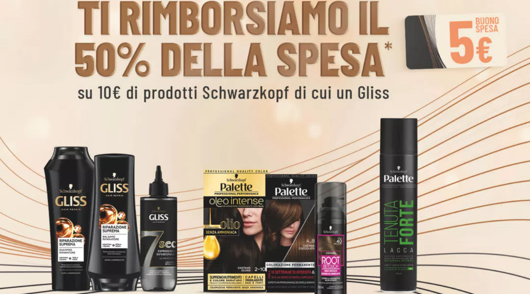 Schwarzkopf ti rimborsa il 50% con una gift card da 5€ con Gliss e Schwarkopf