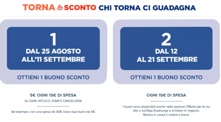Esselunga “Torna lo sconto chi torna ci guadagna”: ricevi buoni spesa da 5€ sul ritorno a scuola