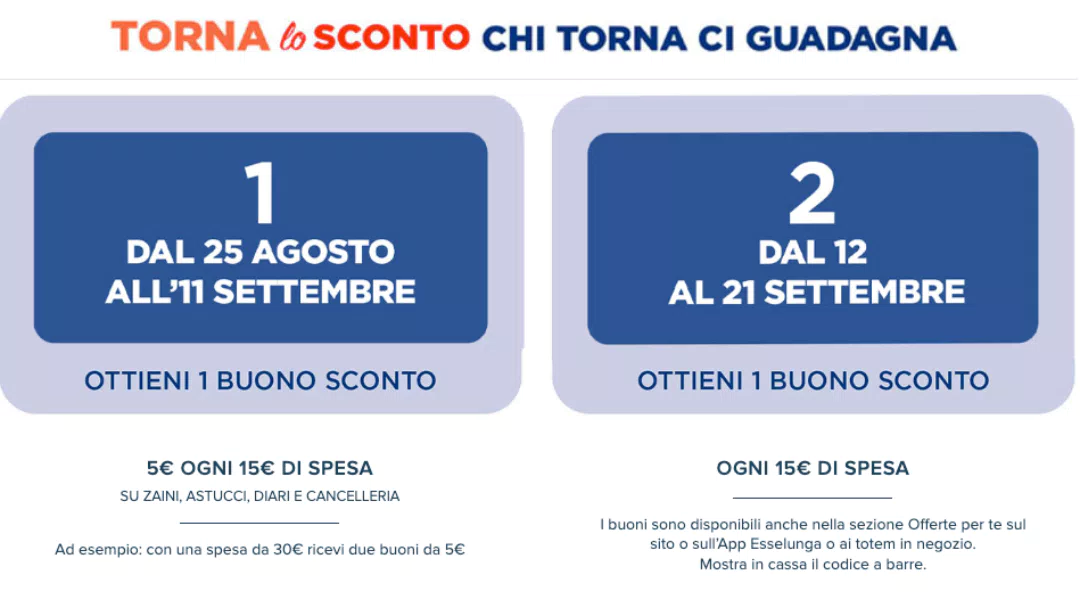 Esselunga “Torna lo sconto chi torna ci guadagna”: ricevi buoni spesa da 5€ sul ritorno a scuola