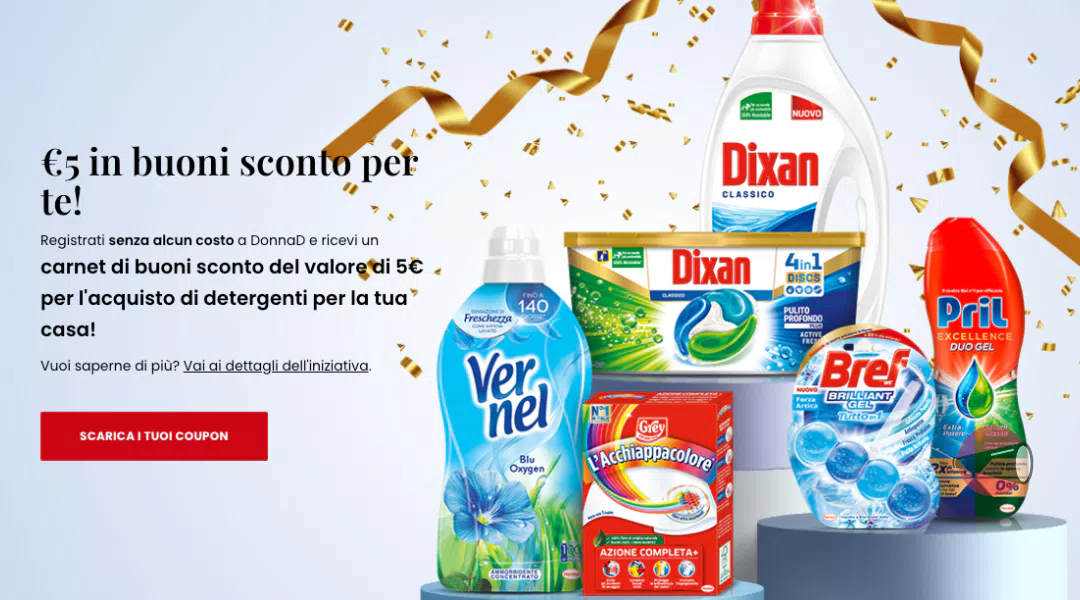 Su DonnaD richiedi gratis 5 EURO in buoni sconto Dixan, Pril, Vernel, Bref, L’Acchiappacolore!