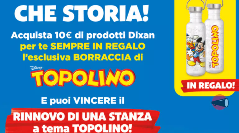 Che storia con Dixan: in regalo bottiglia termica di Topolino