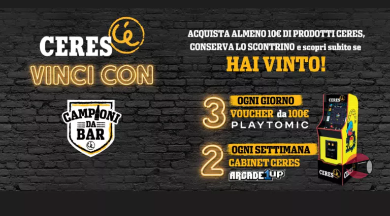 Concorso Ceres “Vinci con Campioni da Bar”: vinci 16 cabinet Arcade1Up e 156 buoni sconto Playtomic