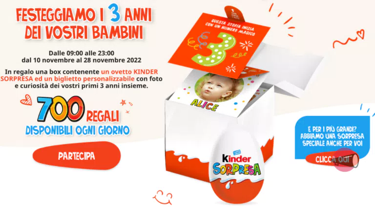 Ogni giorno 700 kit Kinder Sorpresa gratis ai più veloci se hai un bambino nato nel 2019!