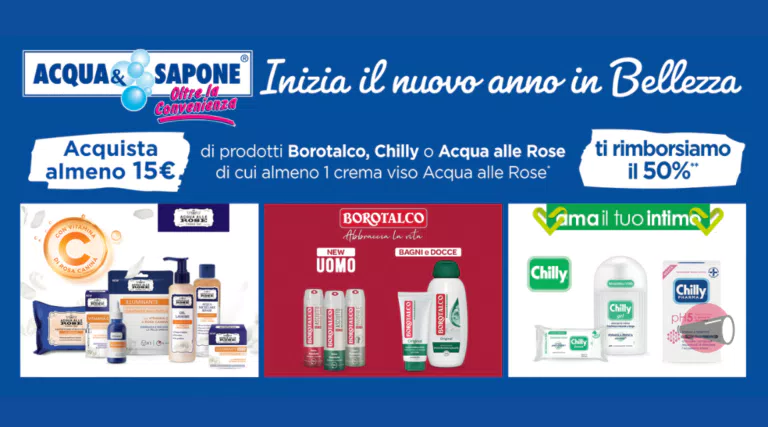 Cashback Borotalco, Chilly e Acqua alle Rose: “Inizia il nuovo anno in bellezza” con il 50% di rimborso