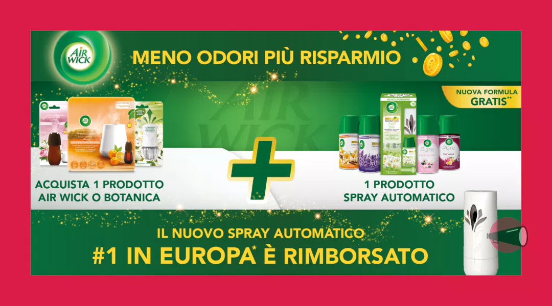 Cashback Air Wick “Meno odori, più risparmio”: come farsi rimborsare lo Spray automatico #1 in Europa