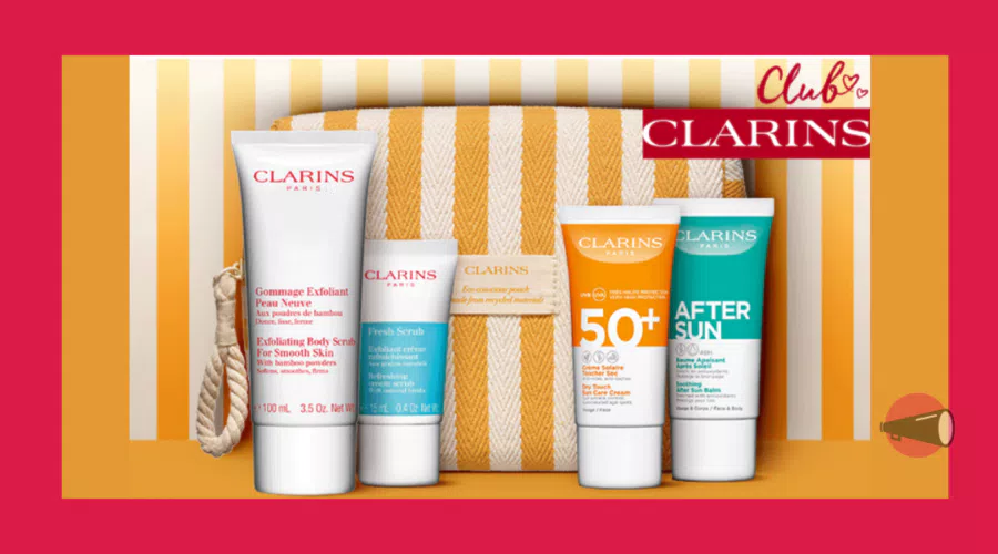 Clarins ti regala 2 formati DELUXE e 2 taglie viaggio per esfoliare e proteggere la pelle di viso e corpo, e un’imperdibile trousse (minimo d'ordine)