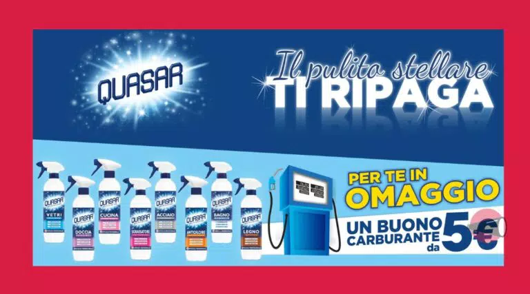 Quasar “Il Pulito Stellare ti ripaga”: in omaggio un buono carburante da 5€ (premio certo)