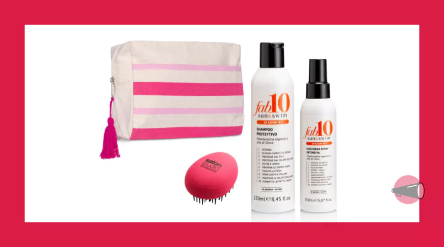 Kit indispensabili per la spiaggia composto da shampoo e maschera spray Fab10 Sun&Swim, pratica spazzola districante compatta Salon Studio Professional e Pochette in cotone IN REGALO