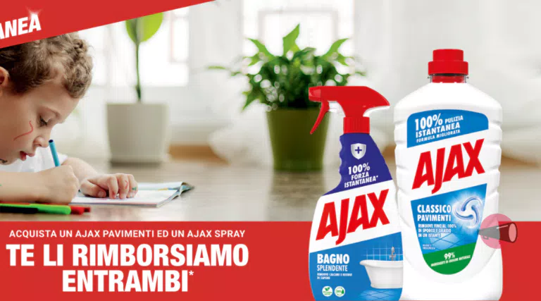 Ajax “Pulito assicurato e rimborsato!”: ricevi 2 prodotti gratuitamente! (anche su Amazon)