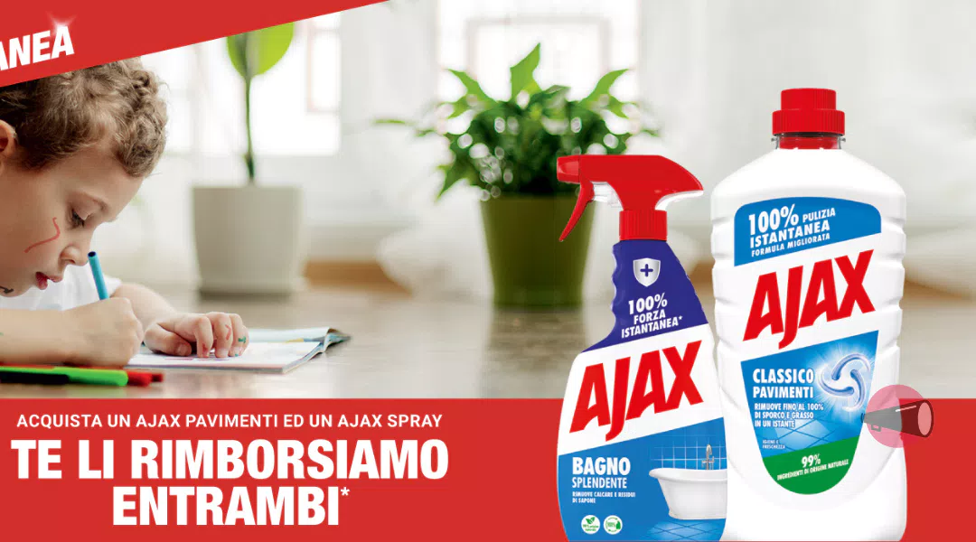 Ajax “Pulito assicurato e rimborsato!”: ricevi 2 prodotti gratuitamente! (anche su Amazon)