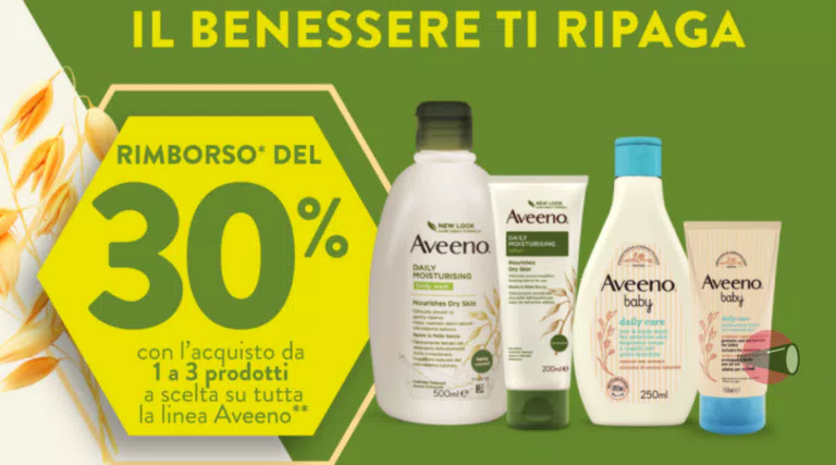 Cashback Aveeno “Il benessere ti ripaga”: 30% di rimborso (fino a 25,65€)