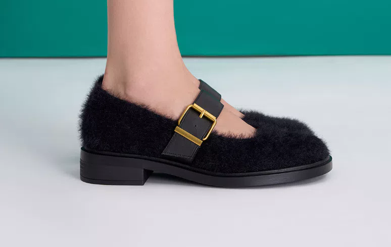Leather Furry Mary Janes - Black
