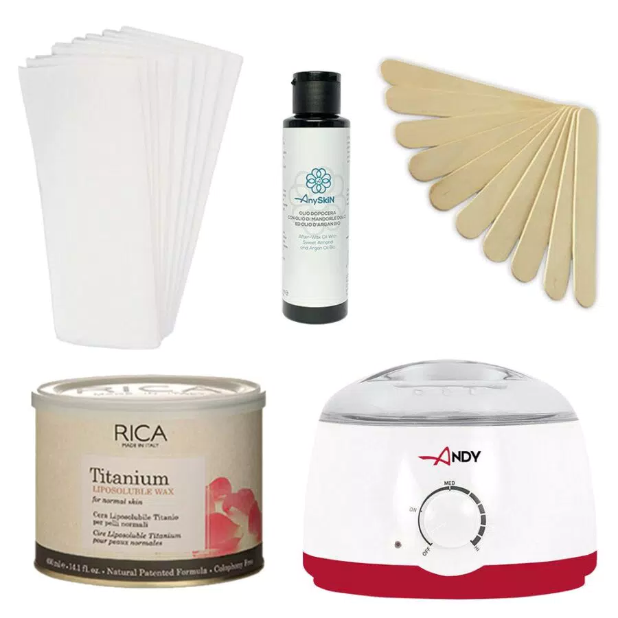 Offerta Kit Depilazione ANYSKIN con Scaldacera Vaso + Cera Rica+ 100 Strisce + Spatole in Legno + Dopocera