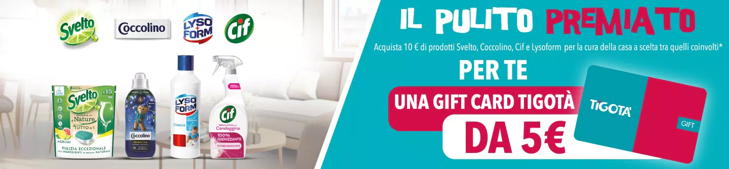 Pulito e qualità li paghi la metà: ricevi 5€ di rimborso su Svelto, Coccolino, Cif e Lysoform