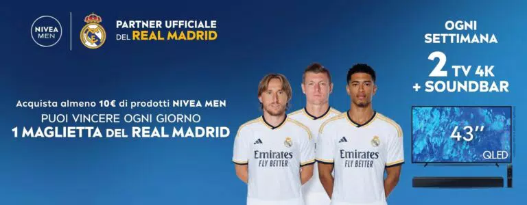 Con Nivea Men vinci maglie del Real Madrid o TV Samsung 4K + soundbar