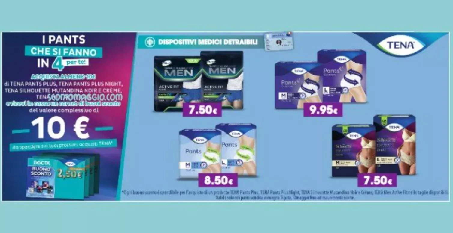 Ricevi carnet buoni sconto TENA da 10€ da Tigotà